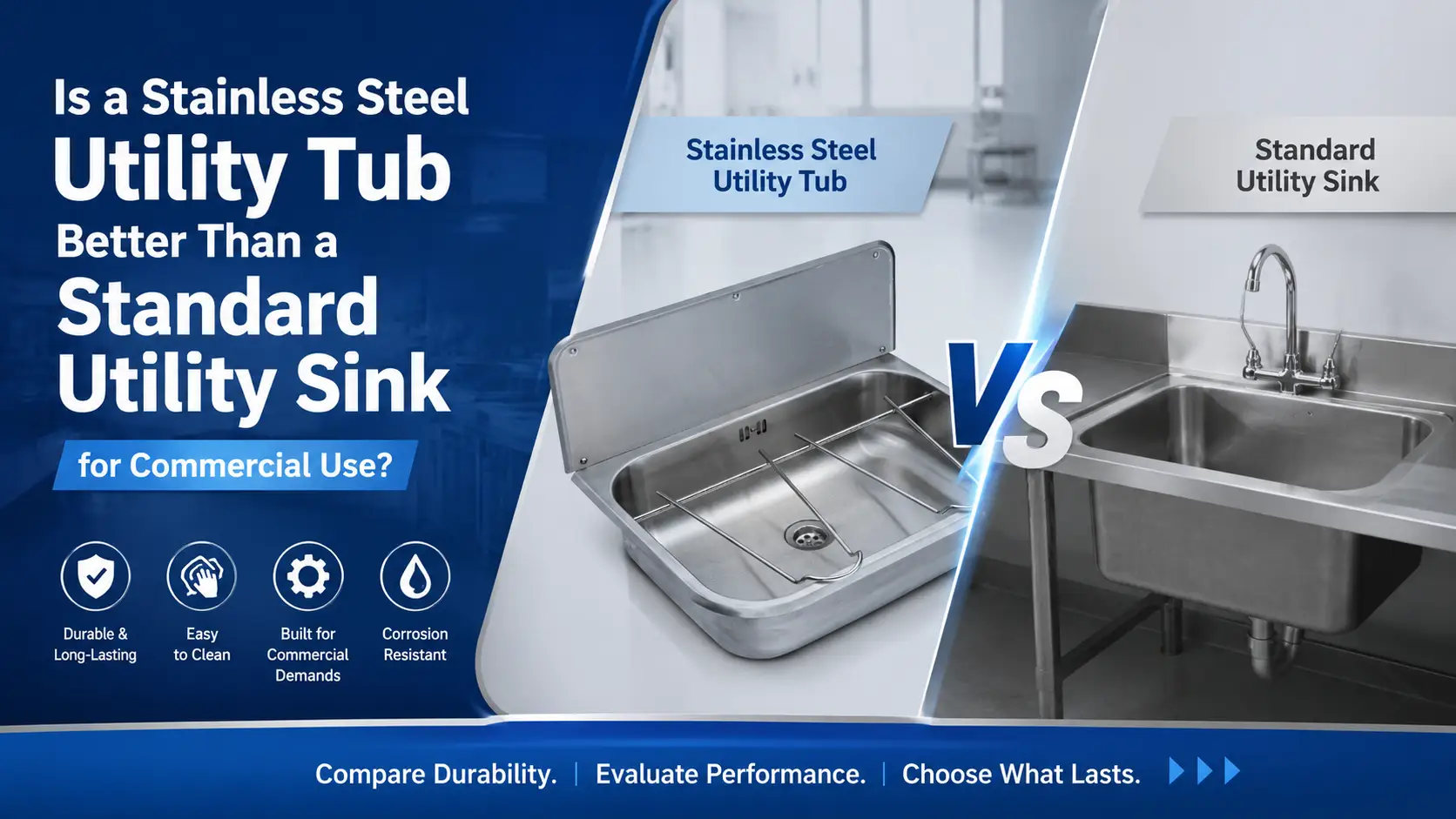 Stainless steel utility tub vs commercial utility sink comparison for heavy duty janitorial facility cleaning use