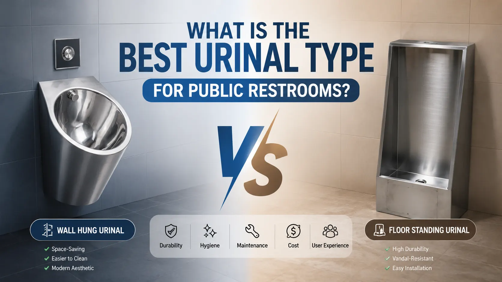 Comparison of wall hung urinal and floor standing stainless steel urinal for public restrooms and commercial projects