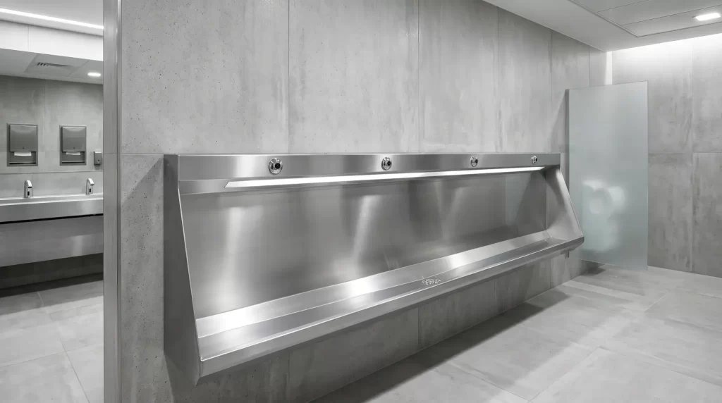 Wall mounted stainless steel urinal trough with automatic sensor flush system for modern commercial public restrooms