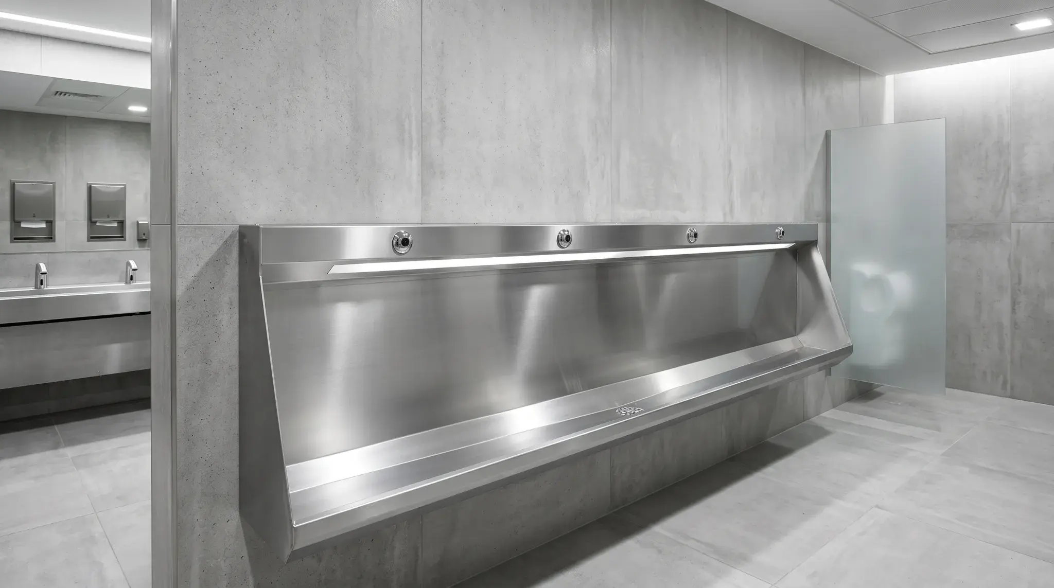 Wall mounted stainless steel urinal trough with automatic sensor flush system for modern commercial public restrooms
