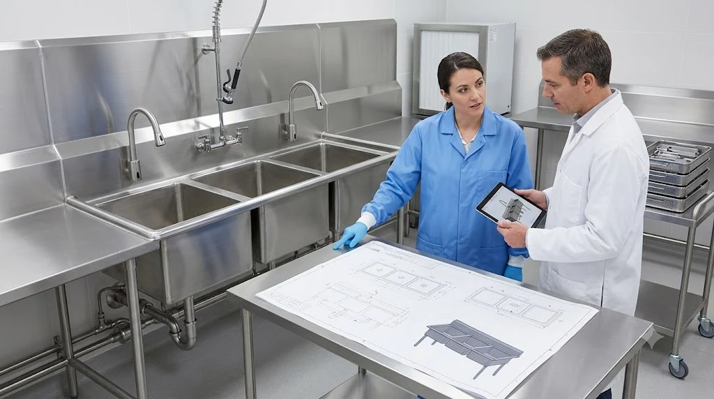 Engineers review blueprints with a stainless steel sink manufacturer for custom three-compartment sink projects
