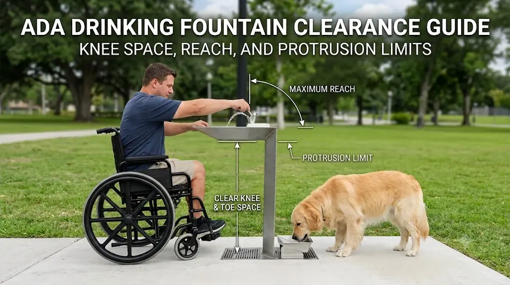 ADA Drinking Fountain Requirements guide illustrating wheelchair knee space, reach range, and protrusion limits