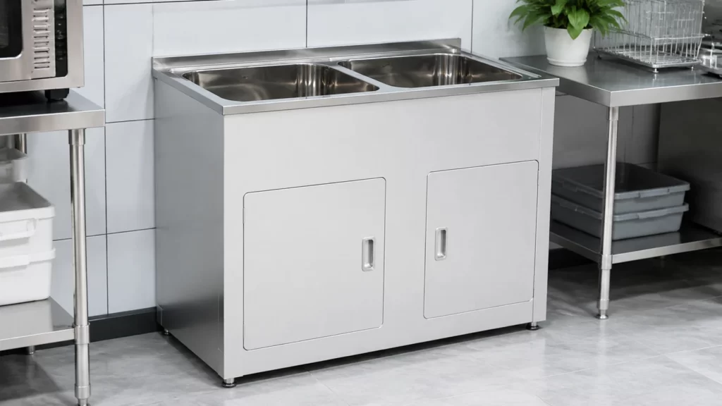 Commercial double bowl Stainless Laundry Sink with cabinet base, ideal for heavy-duty laundromat drainage