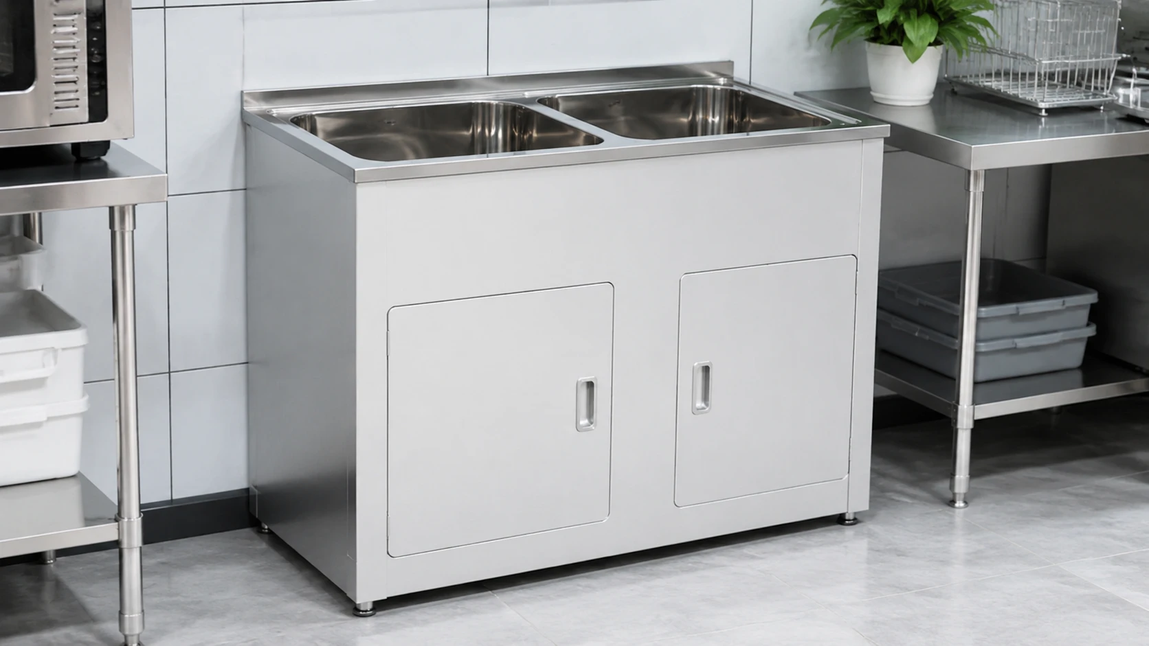 Commercial double bowl Stainless Laundry Sink with cabinet base, ideal for heavy-duty laundromat drainage