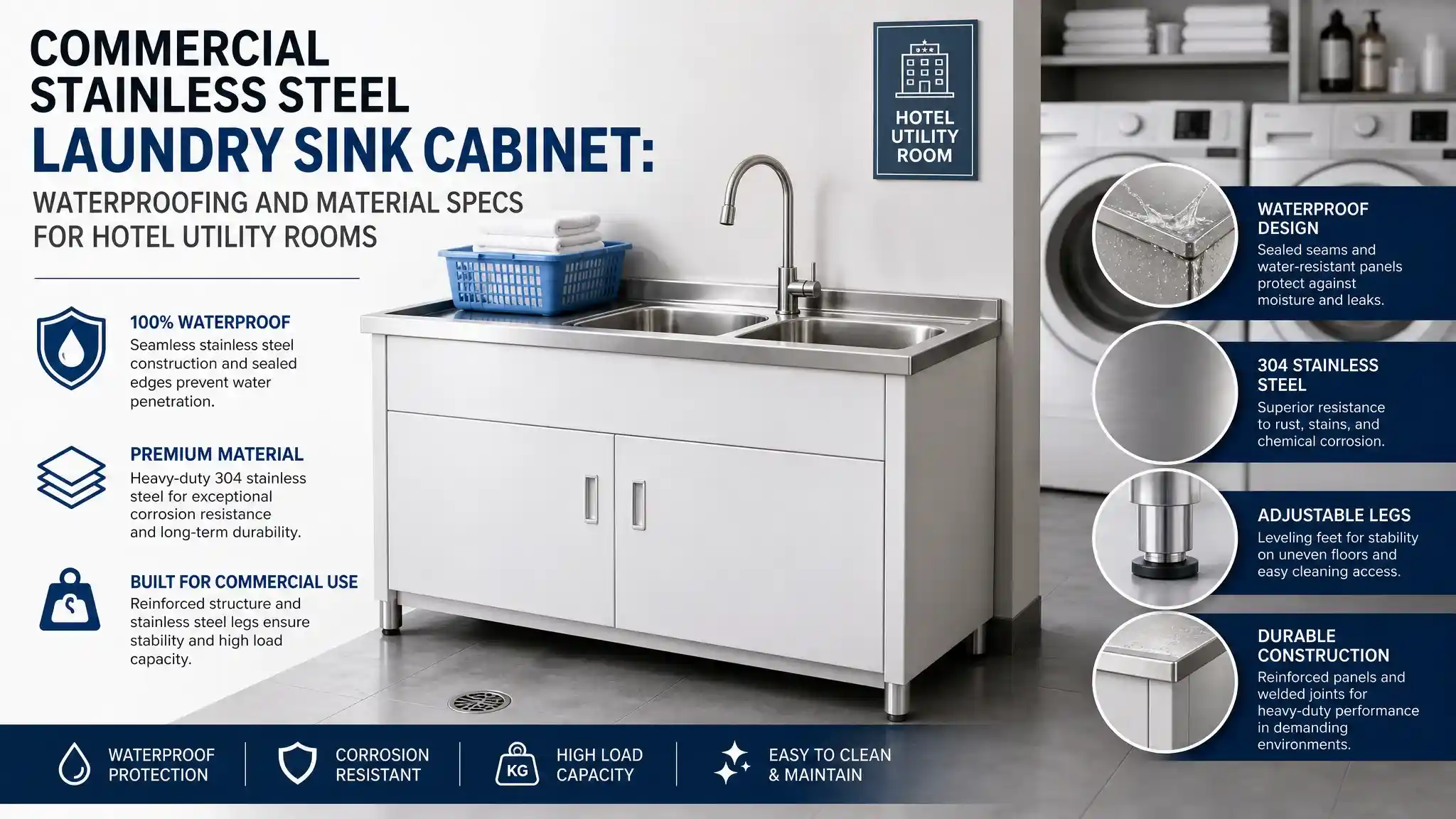 Commercial Stainless Steel Laundry Sink Cabinet with waterproofing specs for hotel utility rooms