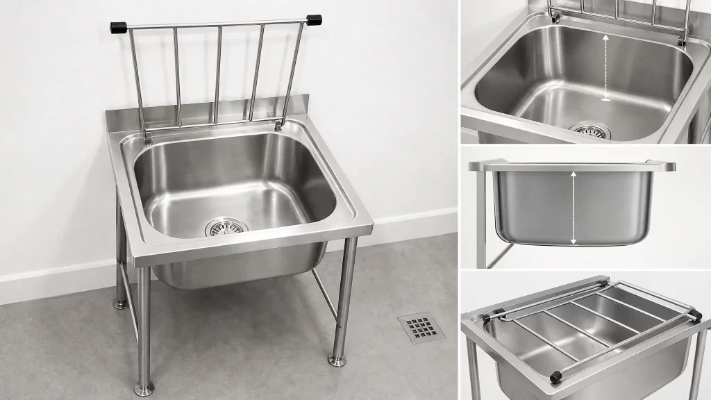 Multi-functional Stainless Steel Wash Tub demonstrating bowl depth for industrial janitorial and commercial mop sink use