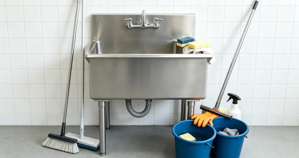 Commercial Stainless Steel Mop Sinks as part of an odor and clog-free janitorial station