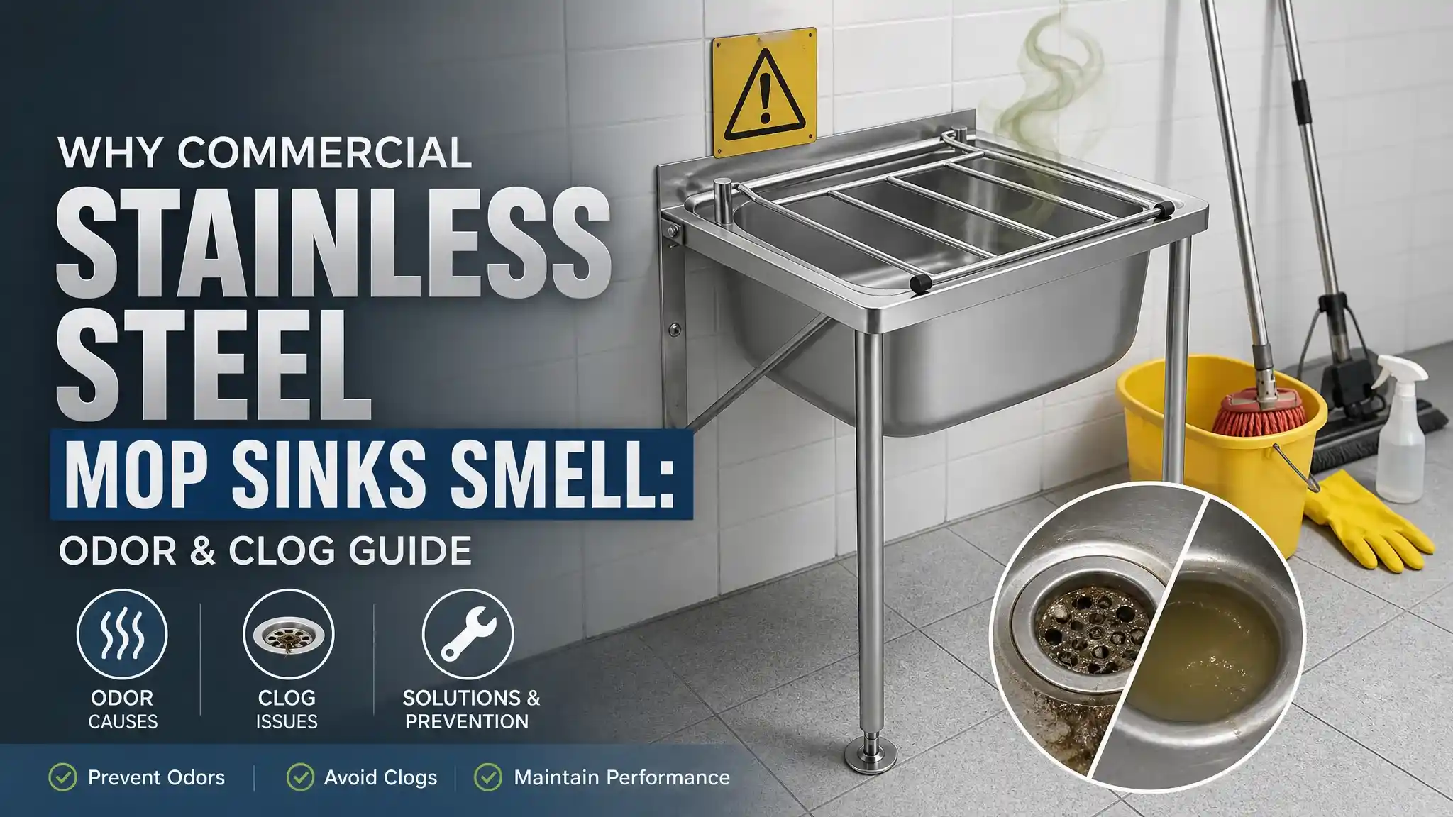 Maintain Commercial Stainless Steel Mop Sinks to stop drain clogs & odors