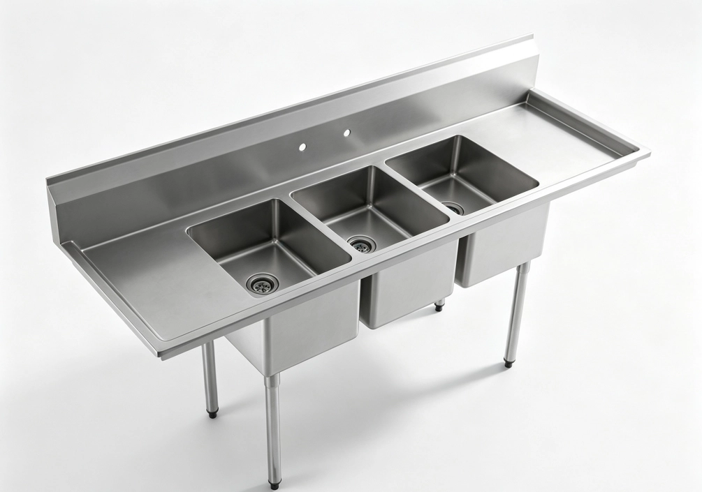 Stainless steel three compartment sink with dual drainboards for commercial wash, rinse, and sanitize setups