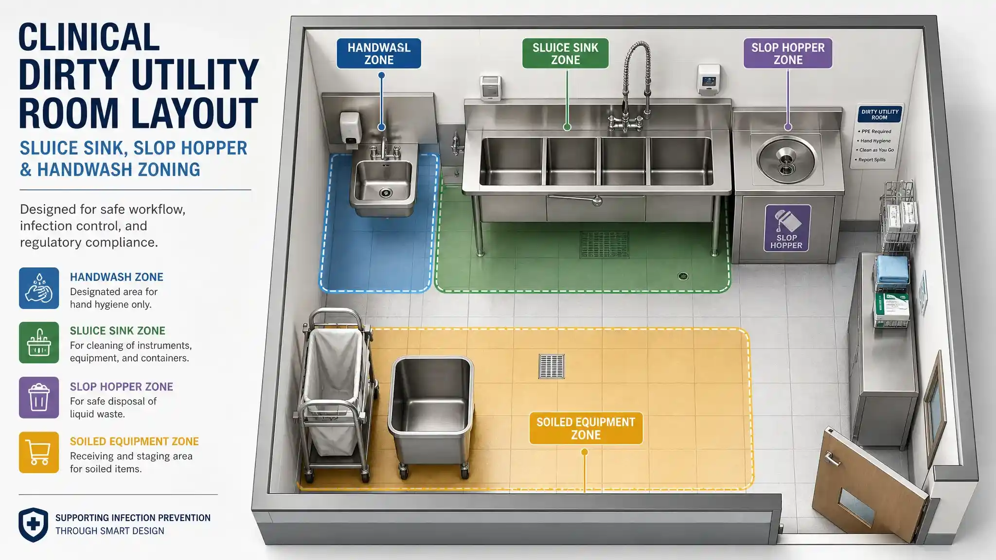Clinical sluice room zoning design featuring a medical slop sink, dirty sink station, and HTM64 handwash basin