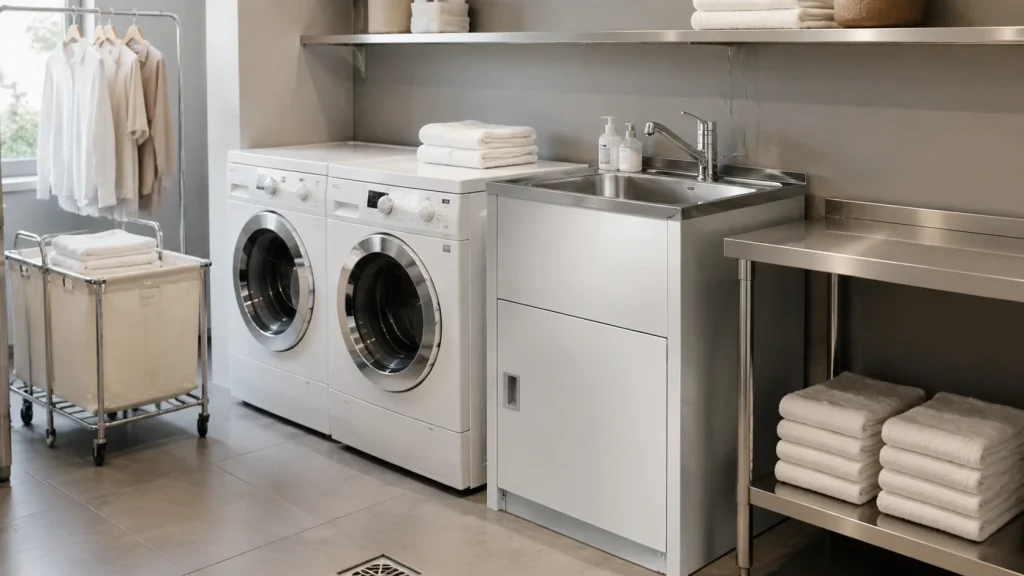 Heavy-duty stainless steel utility sink cabinet for commercial hotel laundry