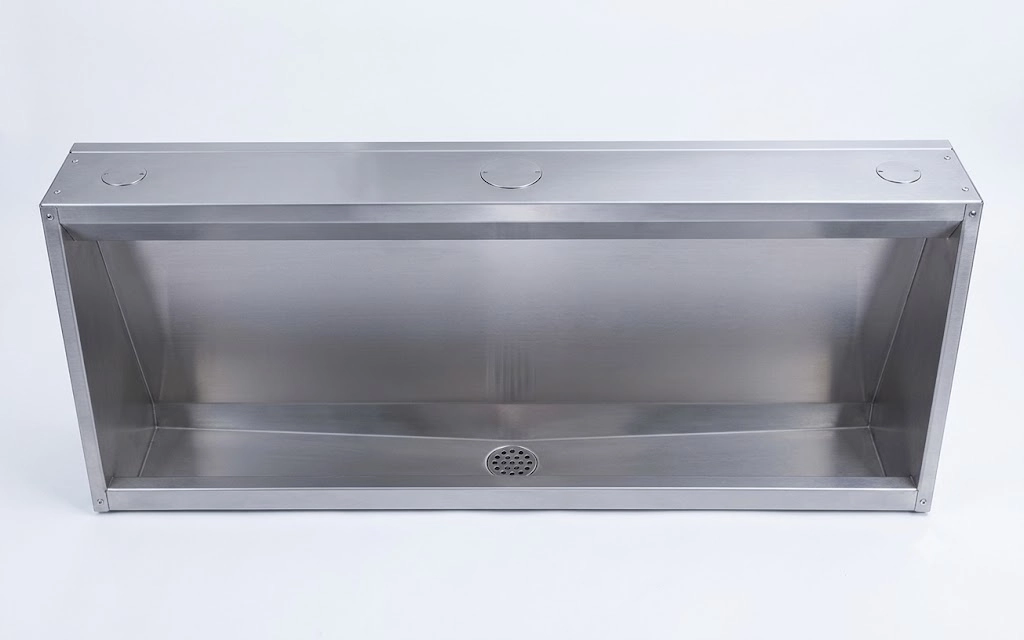 Wall-mounted stainless steel urinal trough for high-traffic commercial restrooms, durable and sanitary plumbing fixture