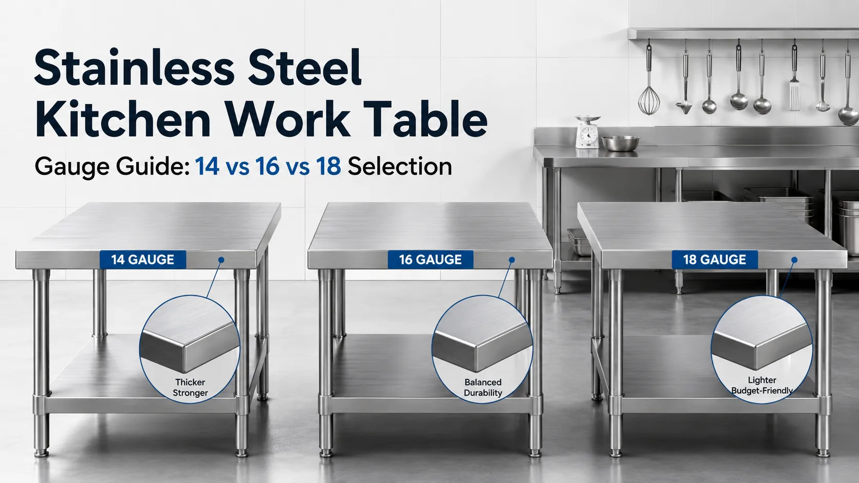 14 vs 16 vs 18 gauge thickness comparison for commercial stainless steel kitchen work table