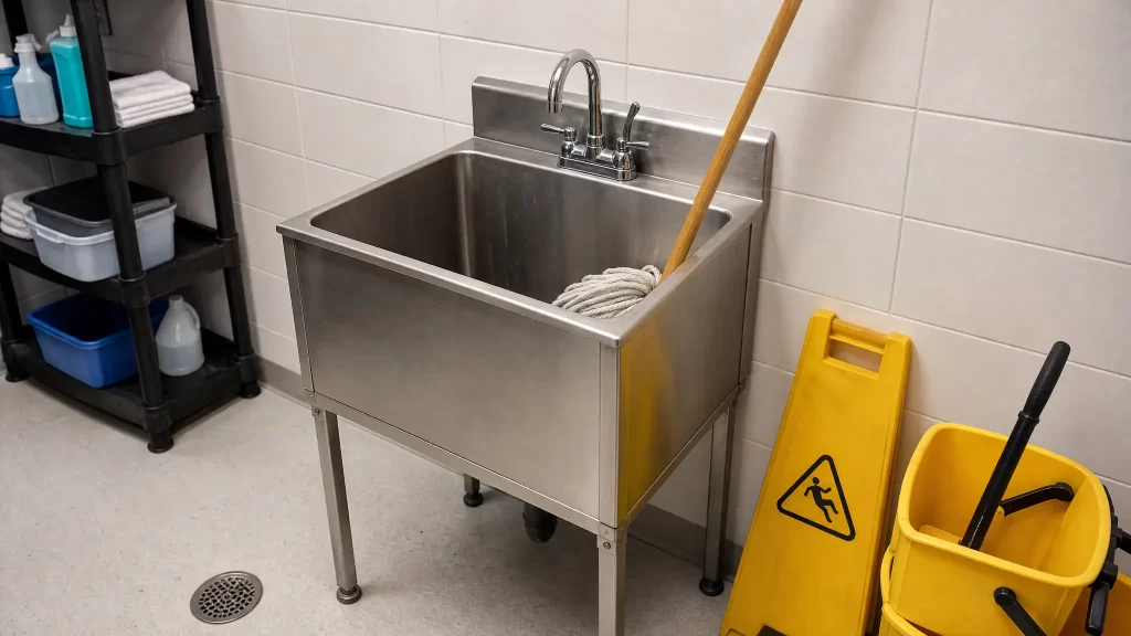 Floor-mounted stainless steel mop sink meeting NSF codes for commercial janitor closets