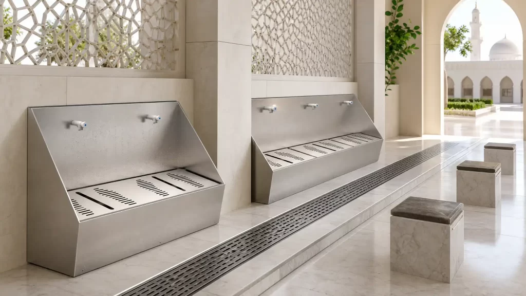 Mosque ablution station with a stainless steel wudu foot washer and integrated floor drainage