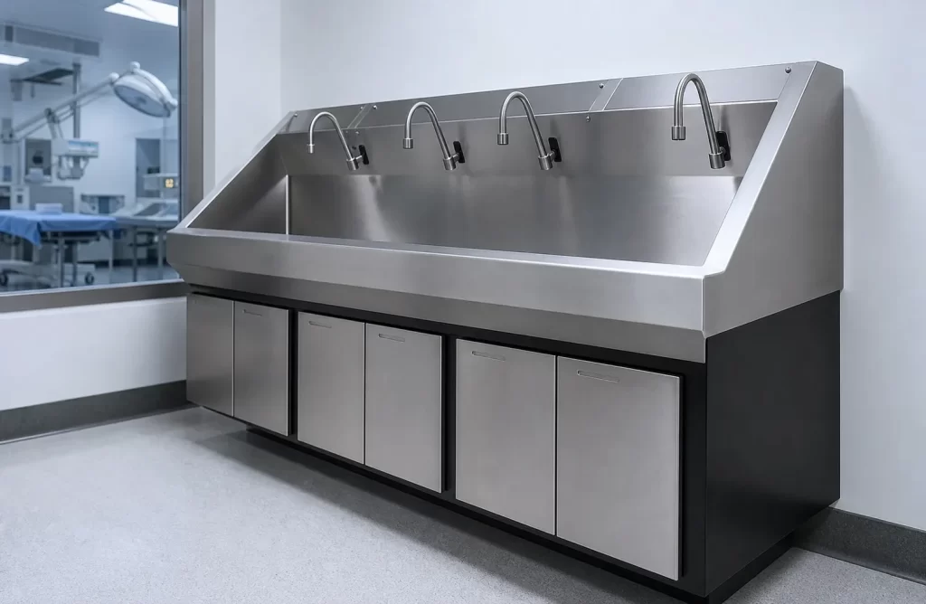 Multi-station clinical hand wash trough with hands-free faucets