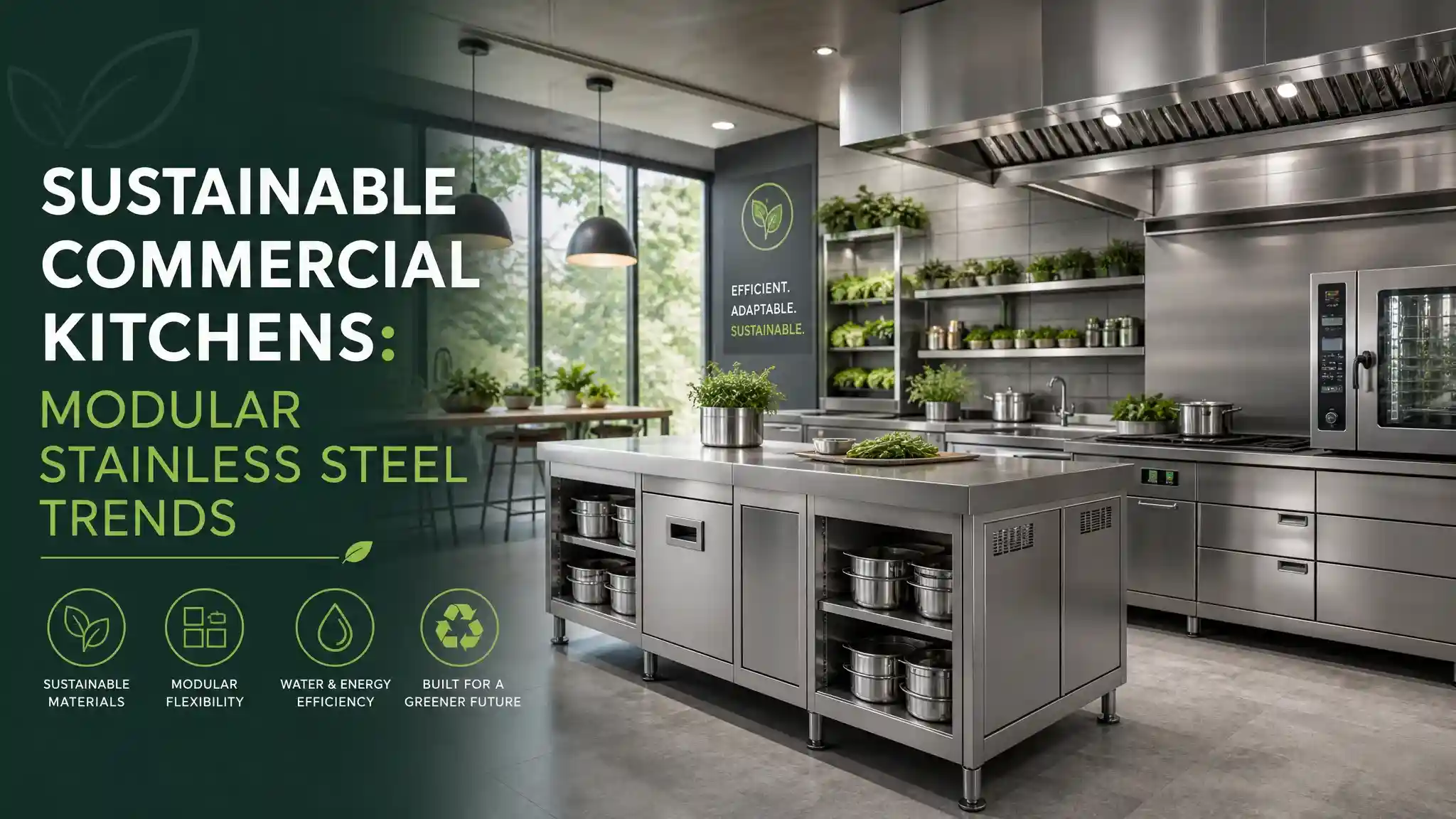 Modern sustainable commercial kitchen equipment featuring modular stainless steel designs