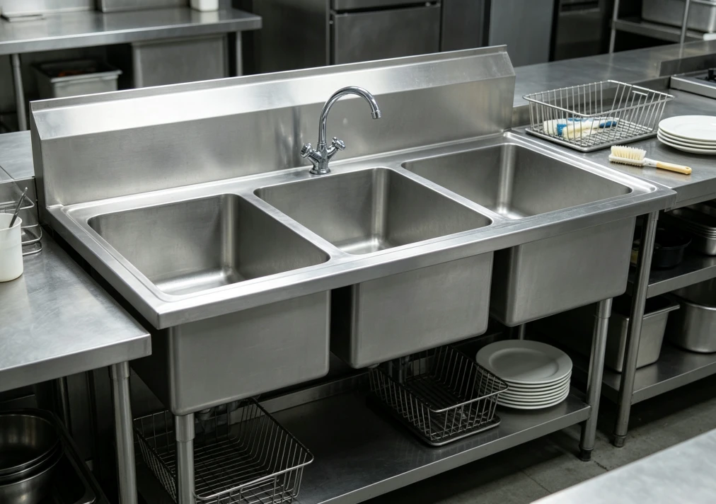 Commercial stainless steel three compartment sink for restaurant wash, rinse, and sanitize temperature compliance