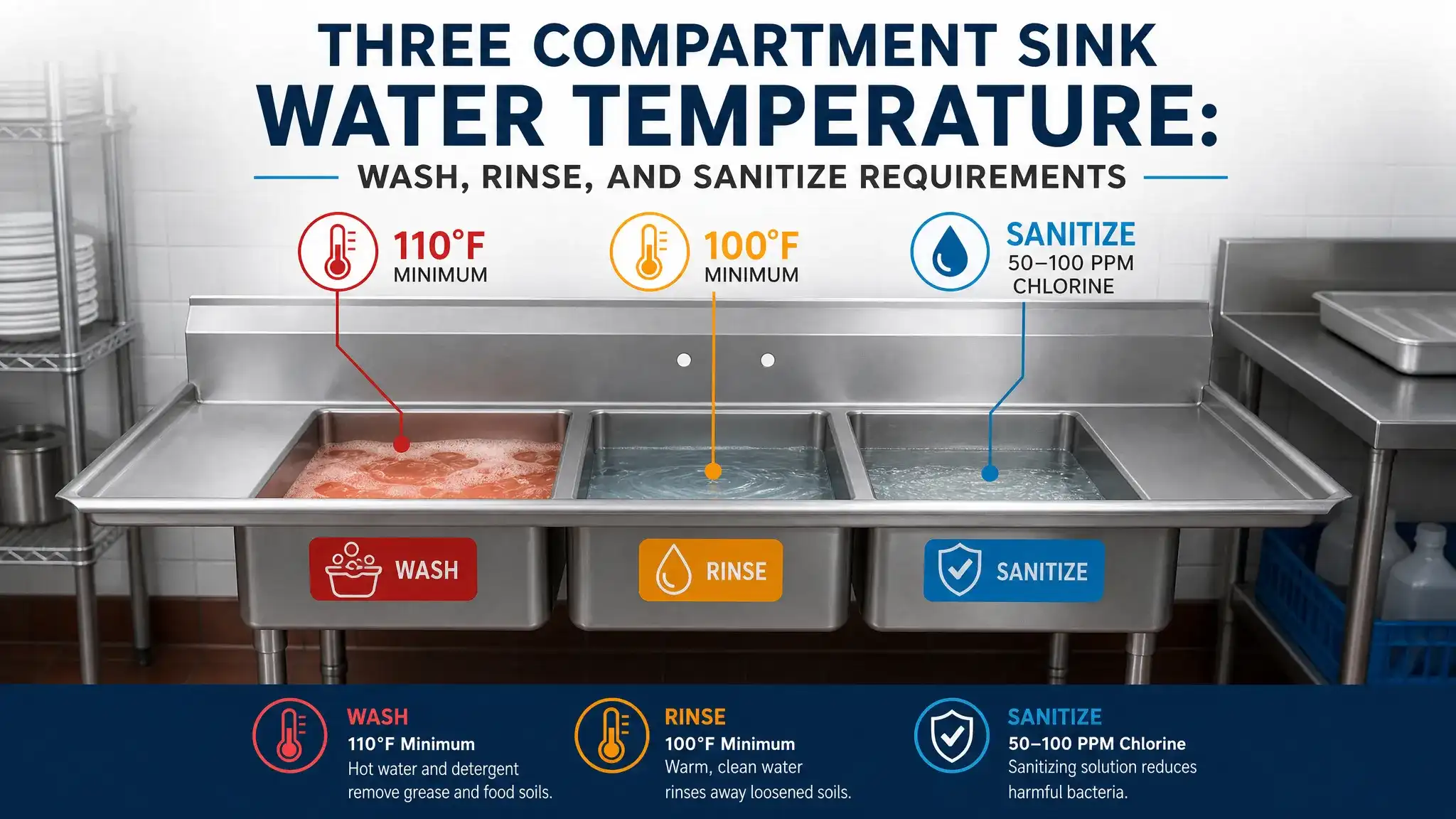 Three compartment sink water temperature requirements: 110°F wash, 100°F rinse, and proper sanitizing steps